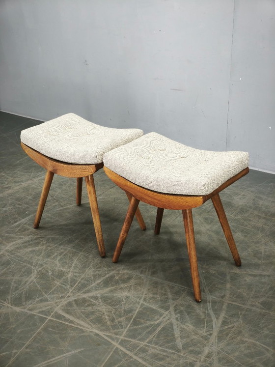 Image 1 of Pair of Mid-Century Beech Stools, Czechoslovakia, 1960s