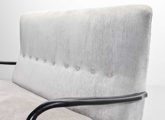 Image 1 of Distinguished Italian Mid-Century Design Guglielmo Ulrich Two Seat Sofa in Soft Silver Velvet Fabric. Italy, 1950s.