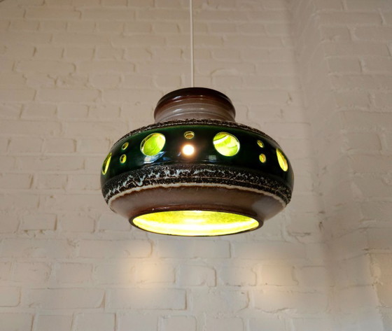 Image 1 of Keramieken aardewerken vintage XXL hanglamp van Herda, west germany fat lava stijl, keramische retro, groene hanglamp