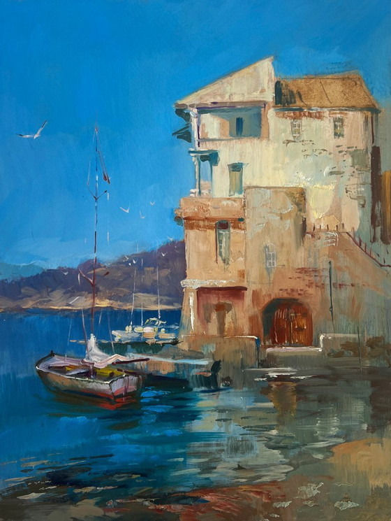 Image 1 of Original Oil Painting Coastal City Landscape Waiting for the tide