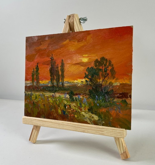 Original Oil Painting Sunset Field Landscape Evening Moment
