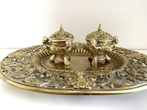 Double Encriers sur Plateau Bronze Doré Ciselé Style Louis XV Epoque Napoléon III