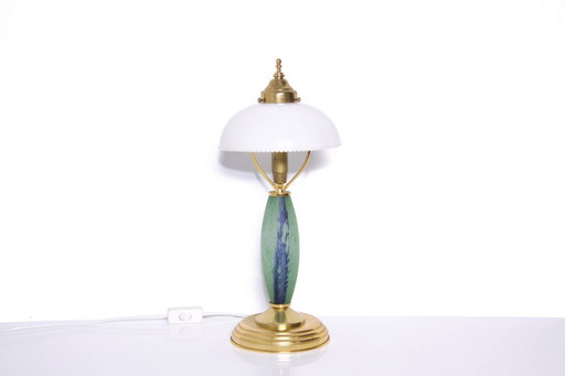 Table lamp glass shade opal glass artificial stone brass 46cm 80s vintage