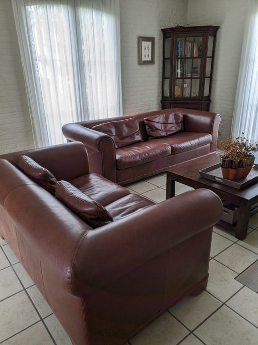 Magnifique ensemble lounge 3 places + 2 places en cuir marron de Machalke – banken, Leather