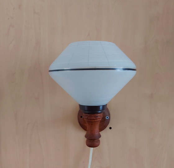 Image 1 of Vintage wall lamp made of wood and frosted glass from the 1960s.