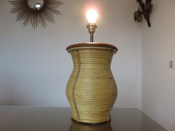 Image 1 of XXL lamp in the style of Gabriella Crespi, rattan, leather and wood, 60s-70s
