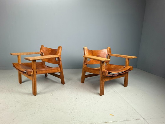 Image 1 of 2x Børge Mogensen Cognac-Leder und Eiche, spanischer Stuhl für Fredericia, 1960