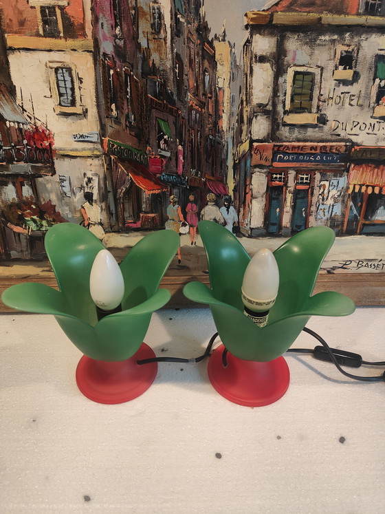 Image 1 of 2 lampes de table tulipe Vandeheg en verre vert/orange