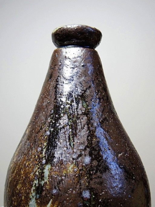 Bouteille en grès pyrité émaillé vintage artisanale signée Jean Lamy