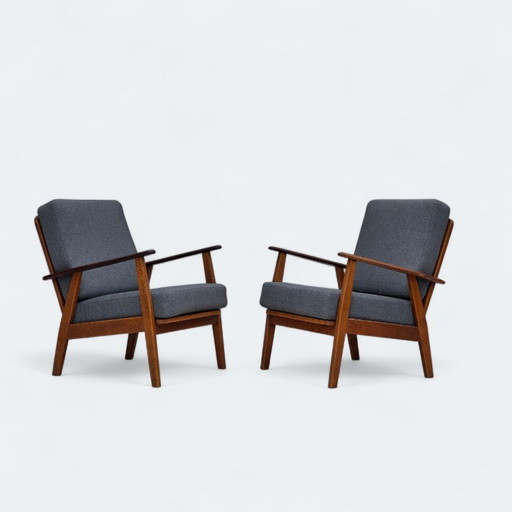 1970s, pair of Danish armchairs, reupholstered, furniture wool, teak and oak wood.