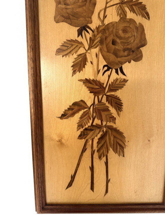 Image 1 of Vintage houten handwerk schilderij met rozen ‘60