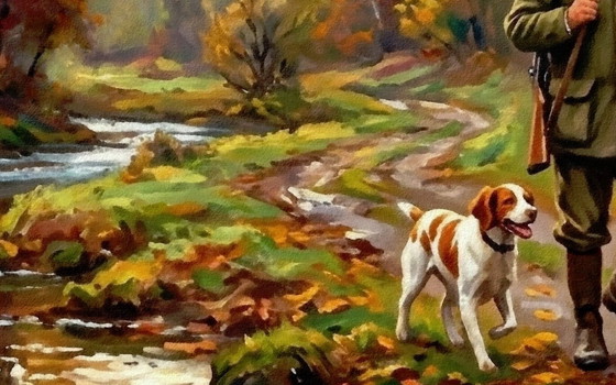 Image 1 of Impressionist painting on acrylic canvas / Hunting scene / (120 x 60) cm