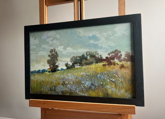 Image 1 of Original Oil Painting Gray Day Landscape Summer flower meadows