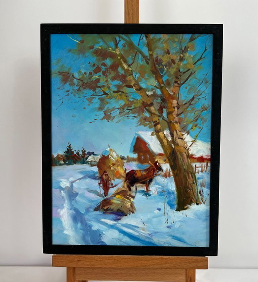 Original Oil Painting Winter Village Landscape Loading hay in winter