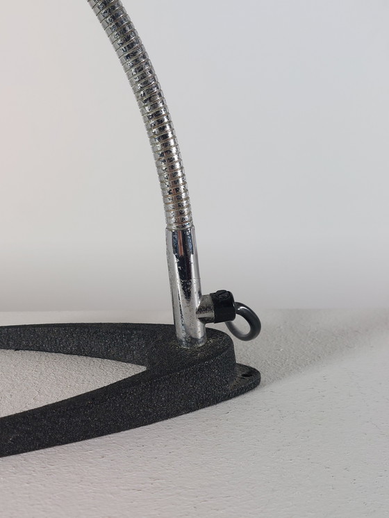 Image 1 of Greenish-yellow vintage mid-century table lamp, crow's foot, gooseneck, crinkle finish