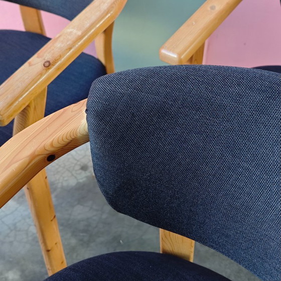 Set of 4 wooden dining chairs with dark blue upholstery, Textile, Brown, Scandinavian (photo 5 of 7)