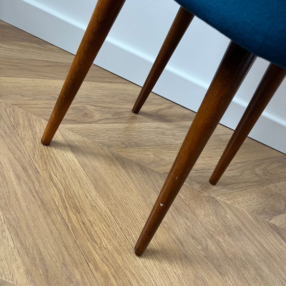 Image 1 of Vintage Velvet Footstool in Dark Teal, Mid Century Modern Stool with Wood Legs