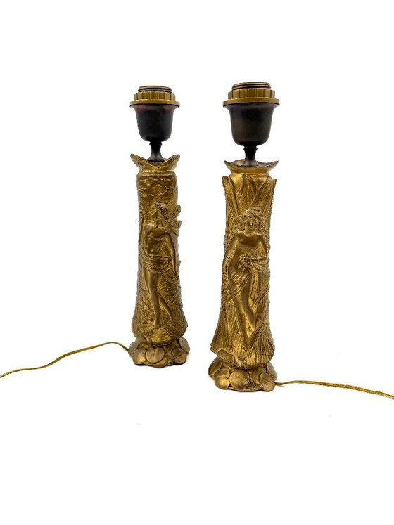 Art Nouveau Set of 2 Bronze Table Lamps, Paul Louchet France Ca. 1900s (photo 5 of 10)