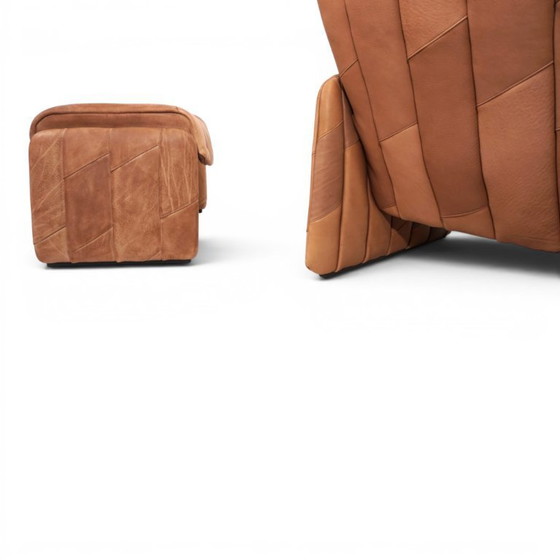 Image 1 of De Sede Ds 50 fauteuil met voetenbank, bekleed met buffelleer en patchwork, 1970