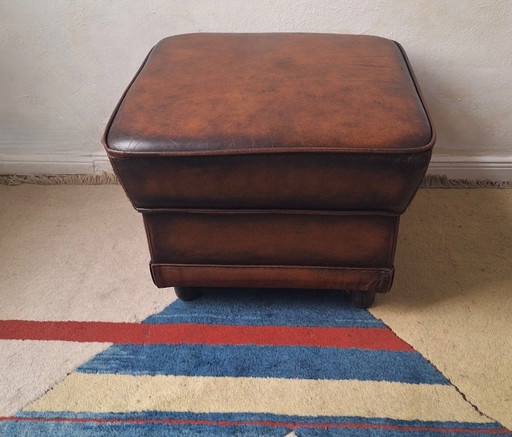 Pouf/ottoman vintage en cuir marron châtaigne – hockers en poefs, Leather