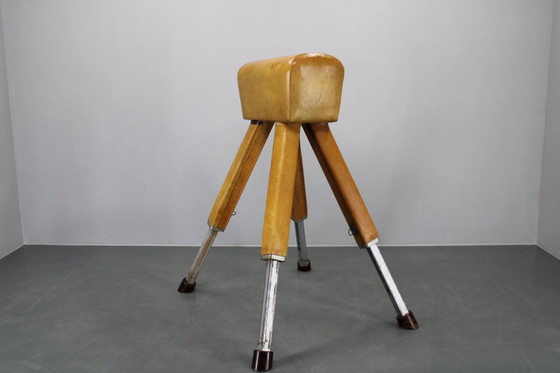 Image 1 of Tsjechoslowaaks turnpaard van leer en hout uit de jaren 50, in hoogte verstelbaar
