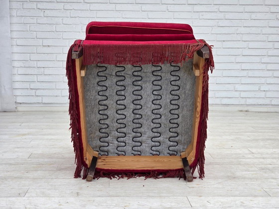 Image 1 of 1970s, Danish armchair, red furniture velour, ash wood.