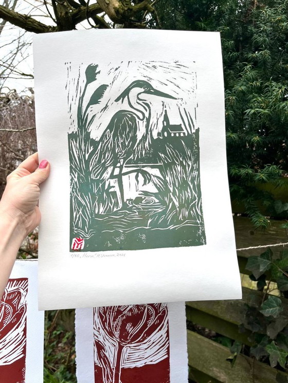 Image 1 of Grabado en linóleo de garza | Arte mural de aves | Arte neerlandés | Tinta verde | A3
