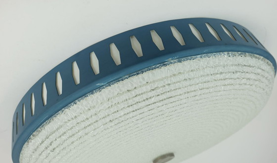 Image 1 of rare large mid century modern CEILING LIGHT by hillebrand 1960s flush mount textured glass blue metal frame