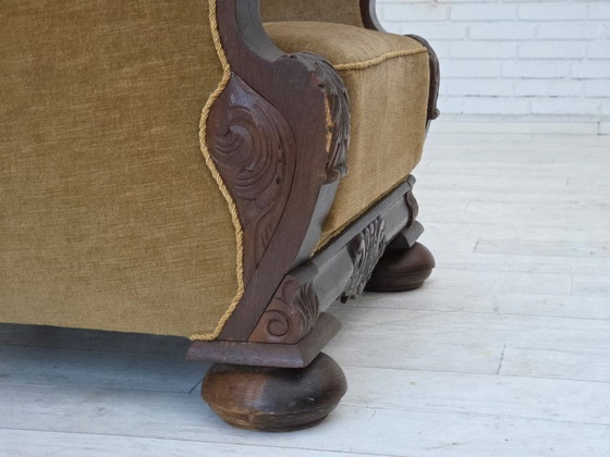 Image 1 of 1960s, Danish relax chair, original green furniture velour, carved oak wood.