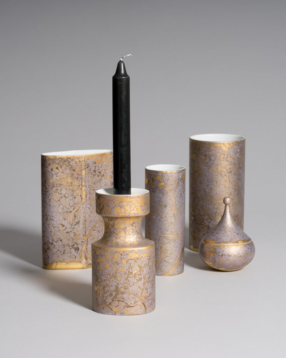 Image 1 of Exquisite Hand-Painted Helmut Drexler Porcelain Set of Five Vessels – Gold & Violet-Grey ‘Goldfeuer’ Series