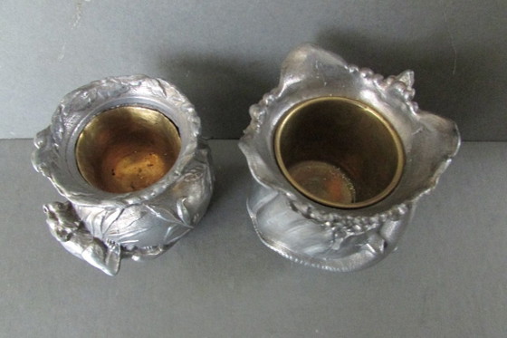Antique Tin Art Nouveau Vases (Jugendstil), Metal, Brass, Gold (photo 6 of 6)