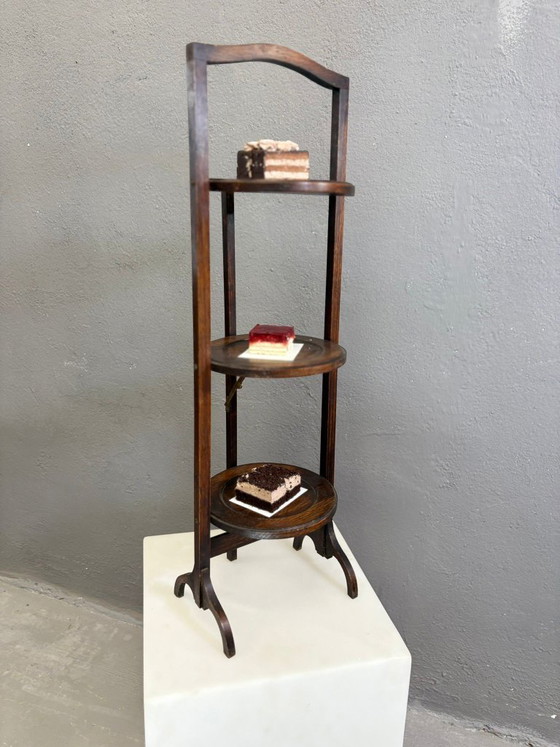 Image 1 of Vintage 3-Tier Cake Stand Dark Wood Serving Stand 1920s Europe