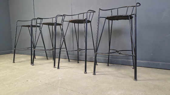 Image 1 of Tabourets de bar vintage en fer forgé et rotin, lot de 4 - années 1970