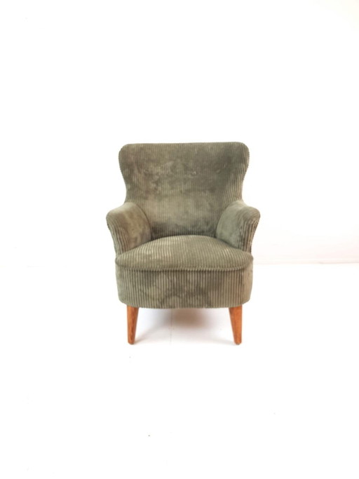 Fauteuil vintage Artifort Theo Ruth vert, récemment retapissé en velours côtelé – Wood, Textile