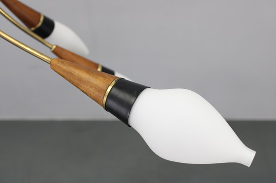 Image 1 of Lustre en laiton et teck en verre opalin Rupert Nikoll, Autriche, années 1960