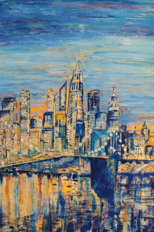 Tableau contemporain à l'acrylique, signé Zély. Brooklyn au crépuscule.