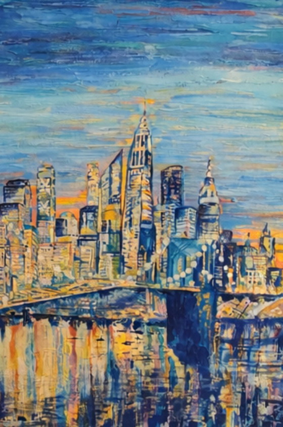 Image 1 of Contemporary acrylic painting, signed Zély. Brooklyn at dusk.