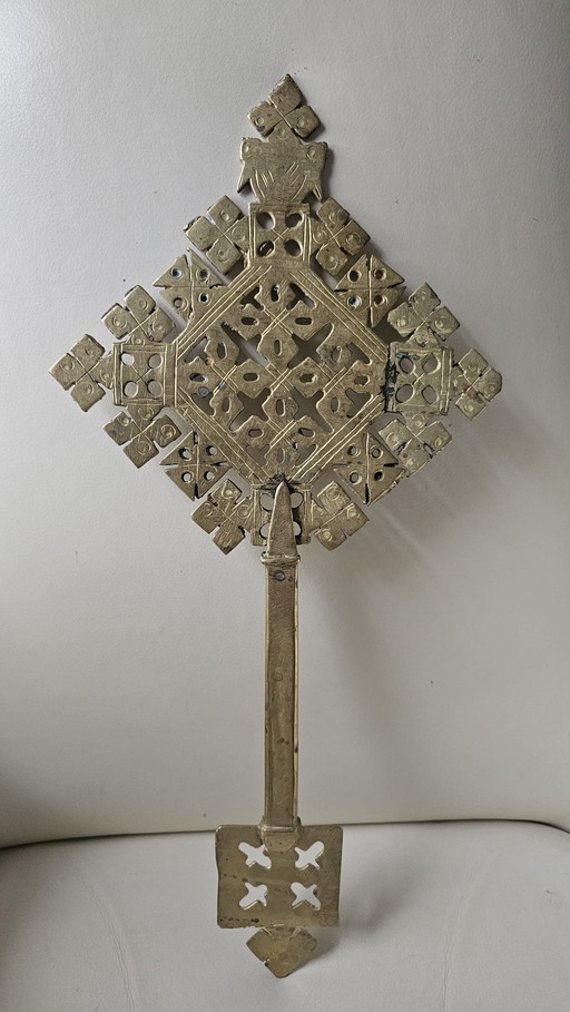 Authentic Ethiopian Coptic priest's hand cross (41 cm) – hand-forged brass