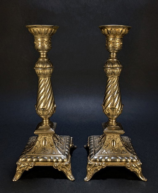 Pair of Neo-Renaissance / Louis XIII Style Candle Holders in Spelter