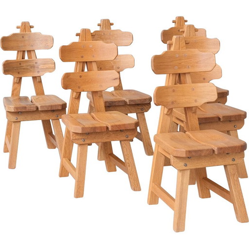Set of 6 vintage dining chairs in solid oak, Spain 1970