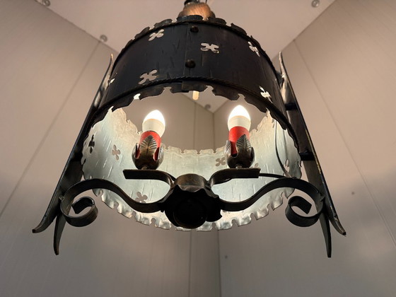 Brutalist classic castle style iron pendant lamp 1960s, Metal, Black, Rustic (photo 5 of 13)
