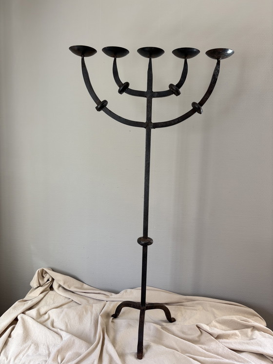Image 1 of  Vintage brutalistische smeedijzeren 5armige kandelaar h90cm