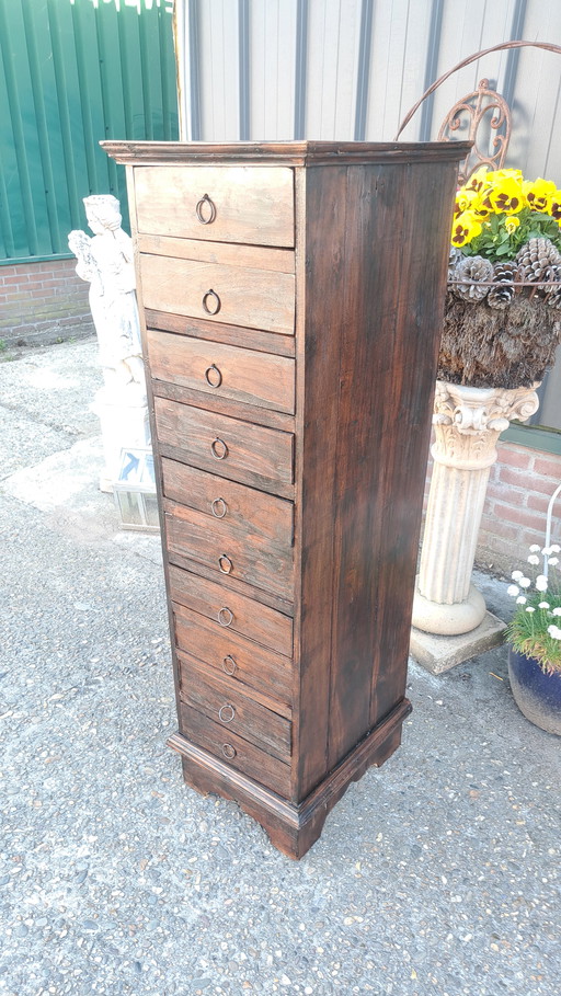 Commode en teck, meuble d'apothicaire, meuble de rangement Dim. 40x45cm et 136cm de haut.