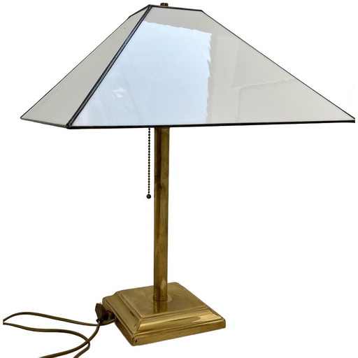 Vintage Art-deco Frank Lloyd Wright style opal stained glass lamp - stained glass with brass