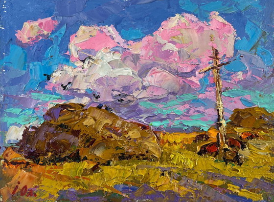 Image 1 of Original Oil Painting Summer Field Landscape The sun touches the ground