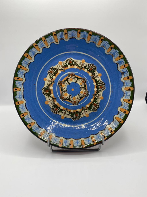 Handgefertigte Wandkeramik – Konzentrisches polychromes Design auf blauem Hintergrund 1960/1970 – servies, Ceramic