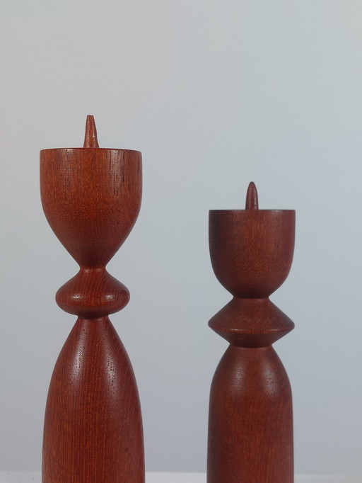 Pair of sculptural wooden teak candlesticks, Scandi style