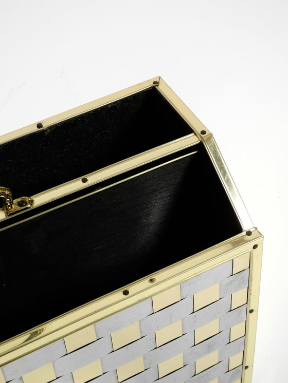 Image 1 of Extraordinary 1980s newspaper rack made of brass and wood in Hollywood Regency design