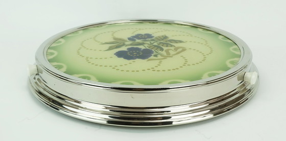 Image 1 of 1930er drehbare Tortenplatte Glas-Chrom-Tortenplatte mit Blumendekor