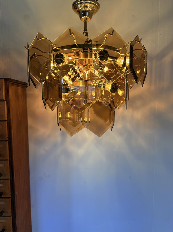 Image 1 of Vintage hexagon rookglazen kroonluchter, Italië ‘70